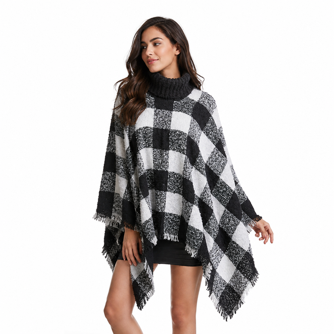 Plaid poncho cape with fringe edges and turtleneck, side view