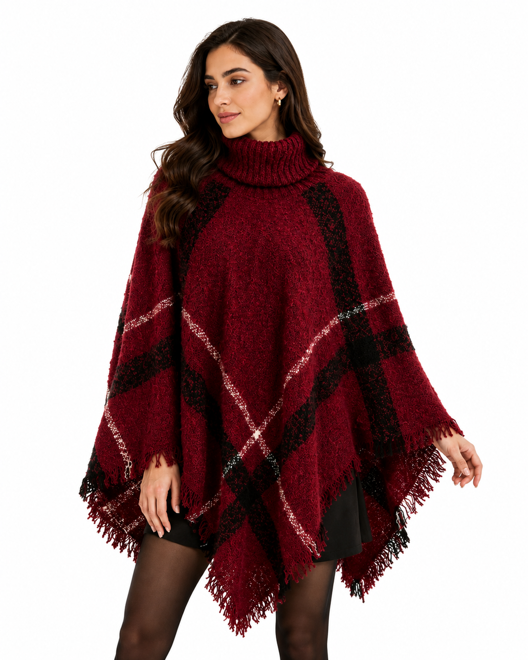 Women's plaid cape shawl with turtleneck collar and tassel fringe trim