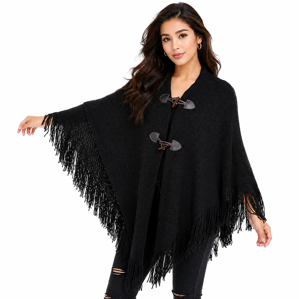 Asymmetrical hem tassel cloak shawl, batwing drape, front view
