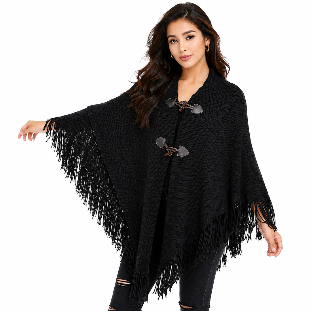 Asymmetrical hem tassel cloak shawl, batwing drape, front view