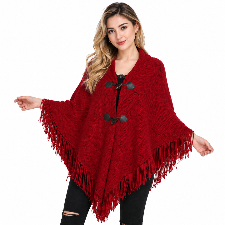 Women's tassel poncho cape with V-neckline and fringe hem, side view