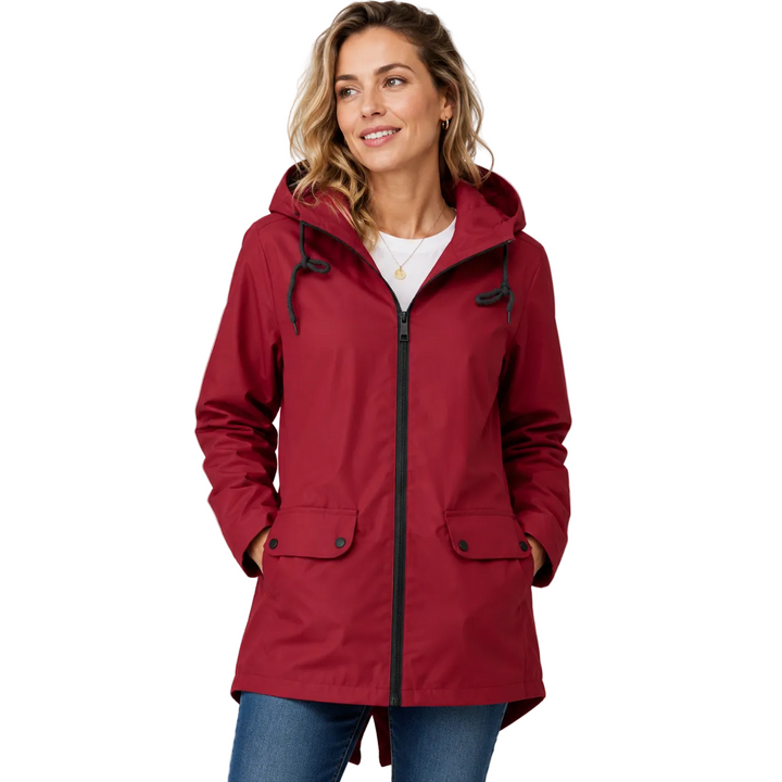 Women's waterproof windbreaker jacket in red, front view with hood