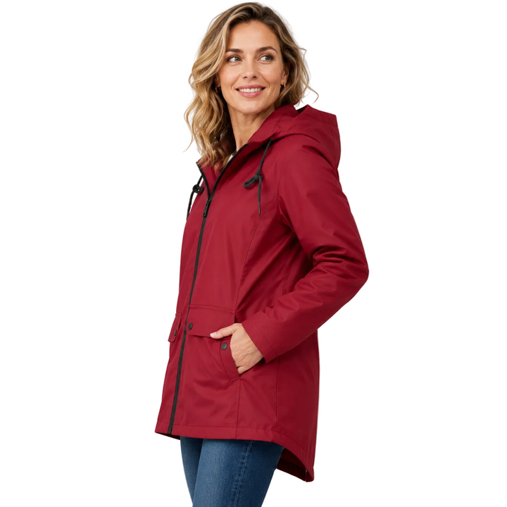 Women's hooded windbreaker jacket in red, full-zip front, worn with jeans