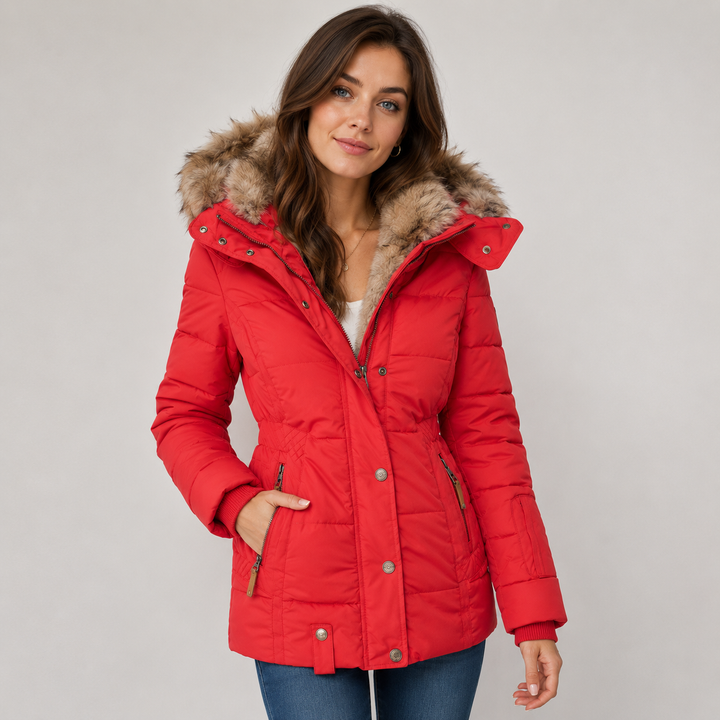 Women's insulated puffer parka jacket with faux fur hood, front view
