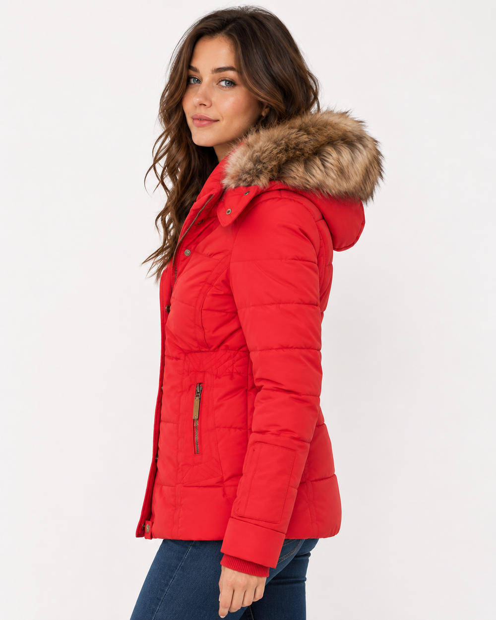 Women's quilted puffer parka with zip closure and faux fur trim hood