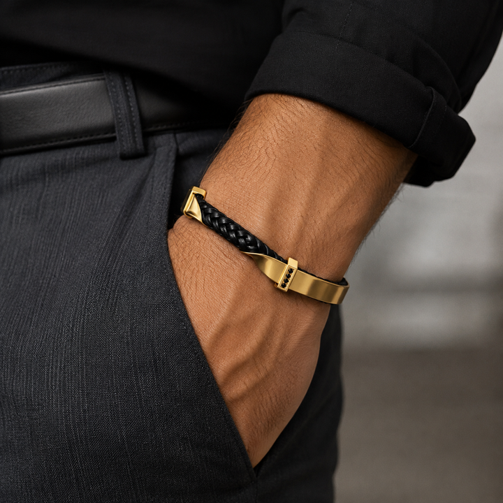 Men's leather and metal cuff bracelet, flat lay front view
