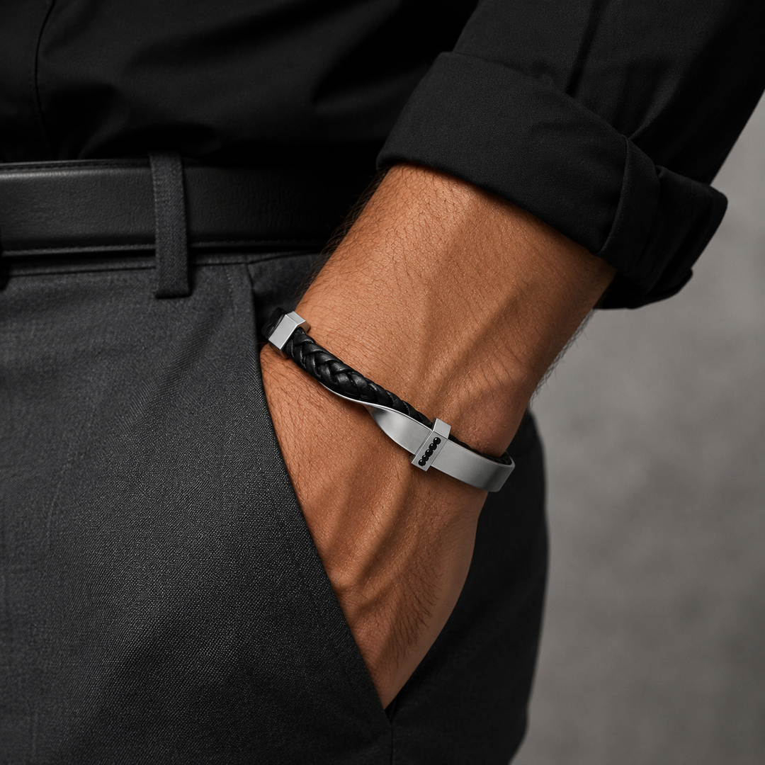 Leather cuff bracelet with electroplated finish, top view