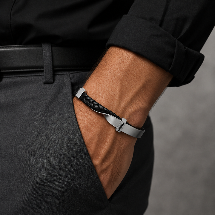 Leather cuff bracelet with electroplated finish, top view
