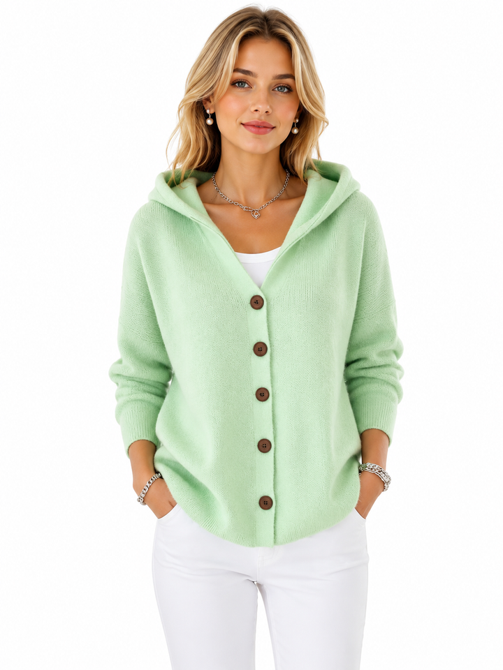Women's hooded cardigan with button-down front and long sleeves, front view