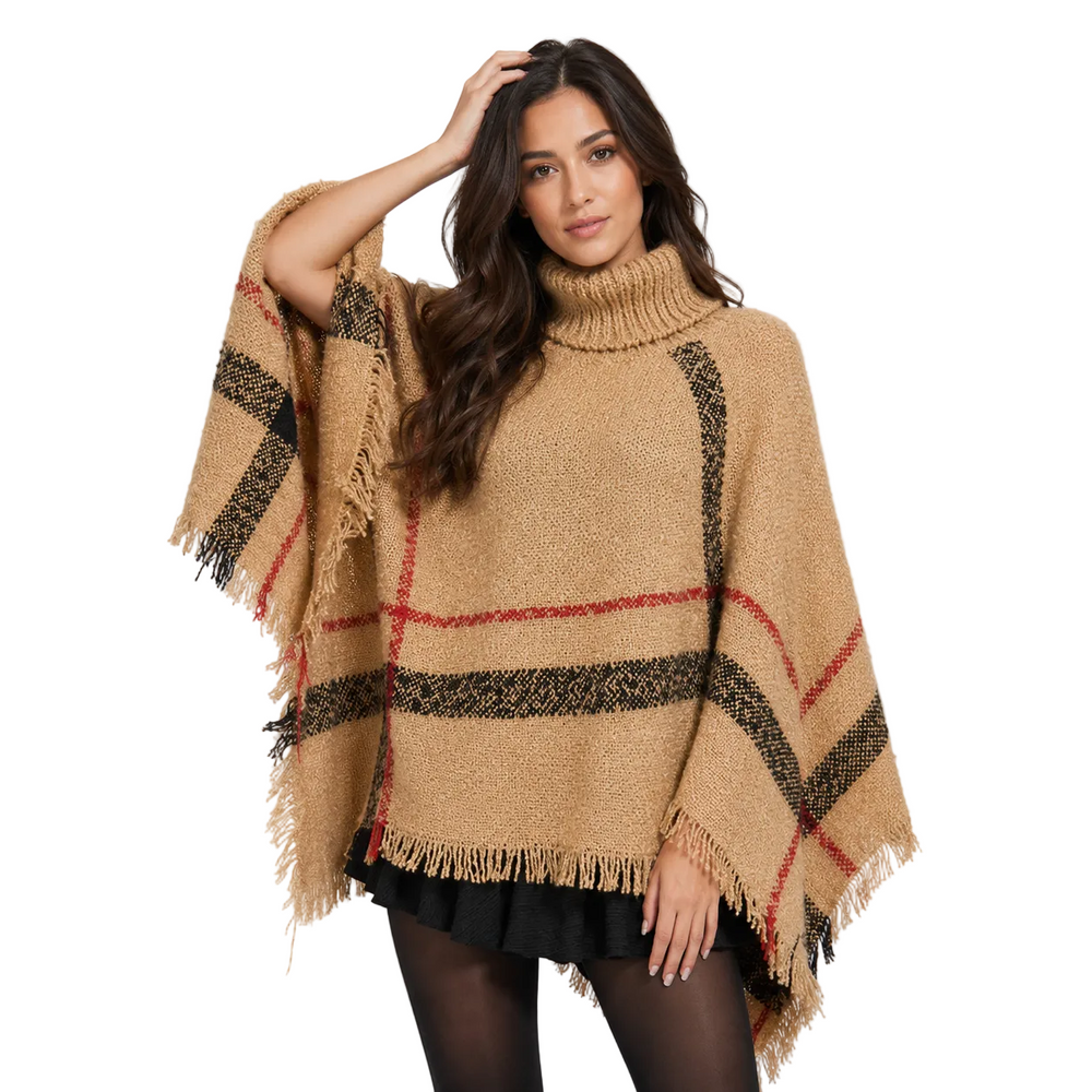Camel plaid poncho with turtleneck and fringe, styled with black skirt