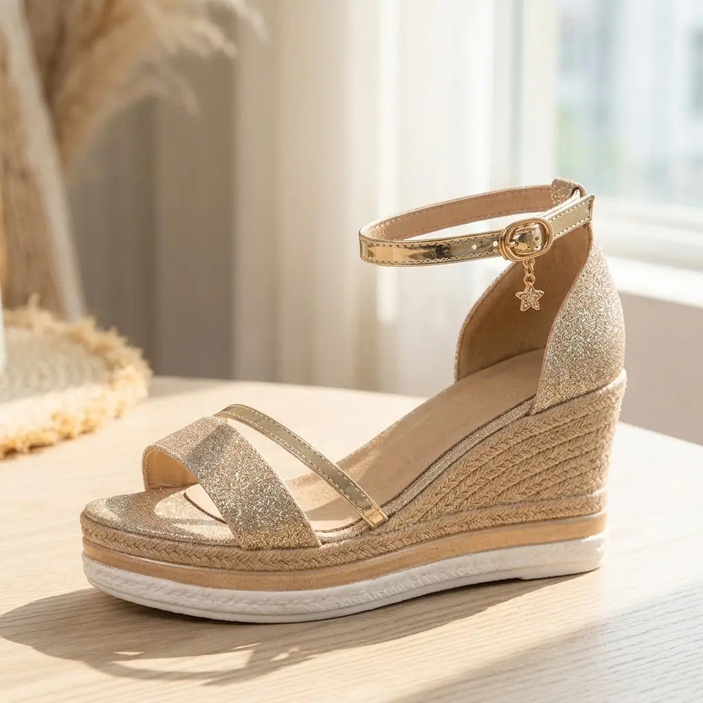 Gold glitter wedge sandal with metallic ankle strap, star charm and braided jute wedge, single side view