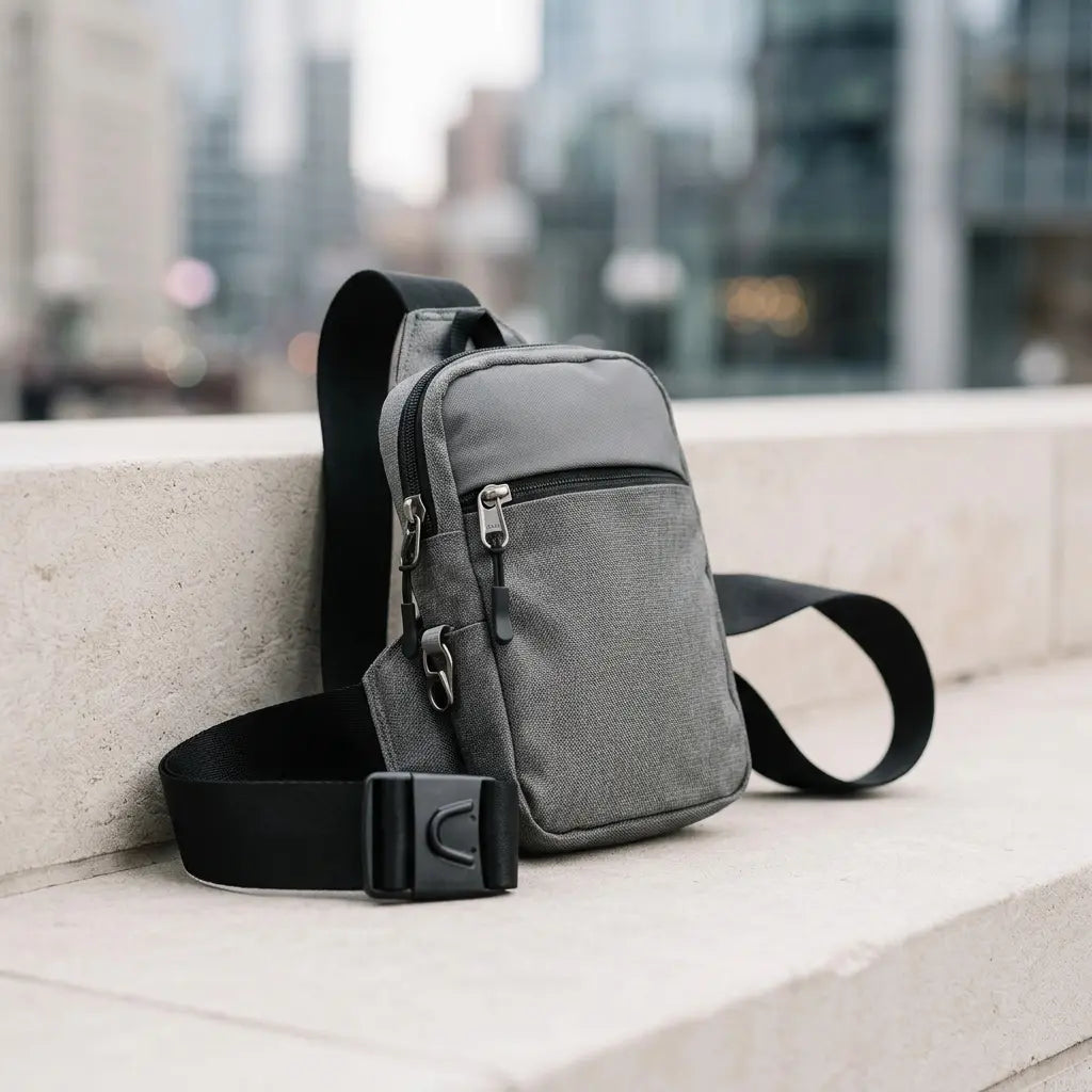 Gray nylon crossbody sling bag with front zip pocket and webbing strap, upright on a stone ledge