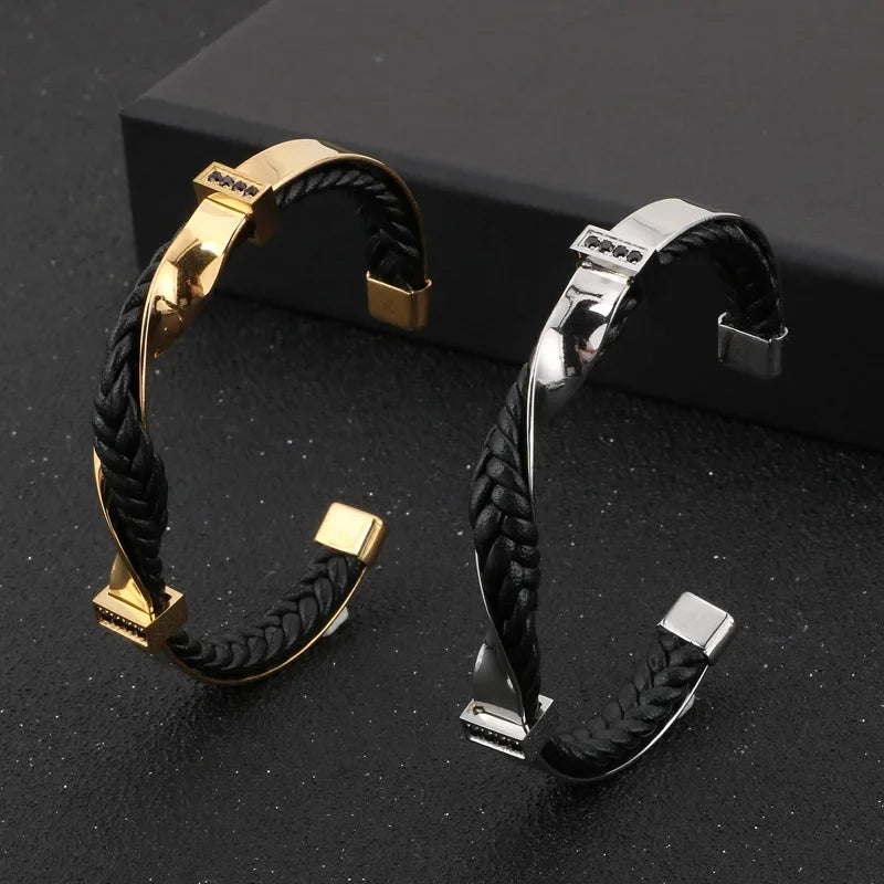 Men's genuine leather cuff bracelet detail, sterling silver clasp