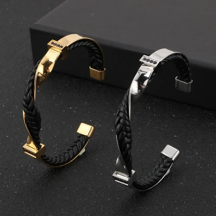 Men's genuine leather cuff bracelet detail, sterling silver clasp