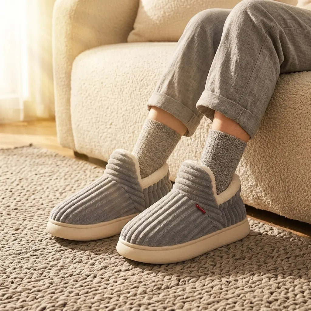 Ribbed corduroy house slippers in light gray with cream sherpa lining, front view on rug