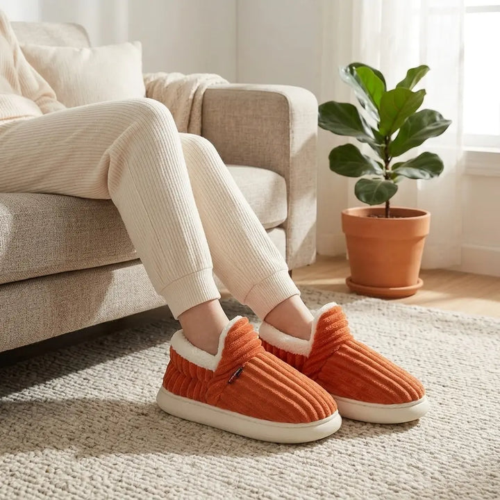 Ribbed corduroy house slippers in burnt orange with cream sherpa lining, front view