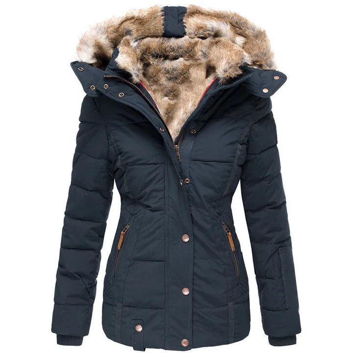 Women's puffer parka jacket back view with faux fur trimmed hood