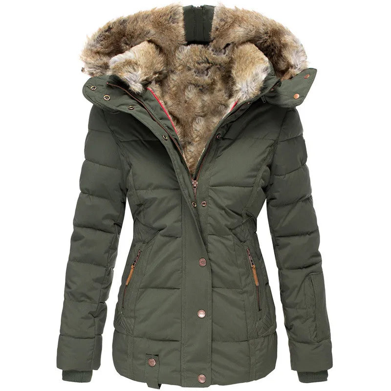 Women's insulated winter parka with faux fur hood trim, casual styling