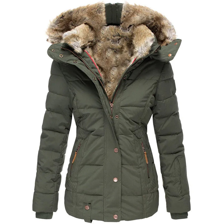 Women's insulated winter parka with faux fur hood trim, casual styling