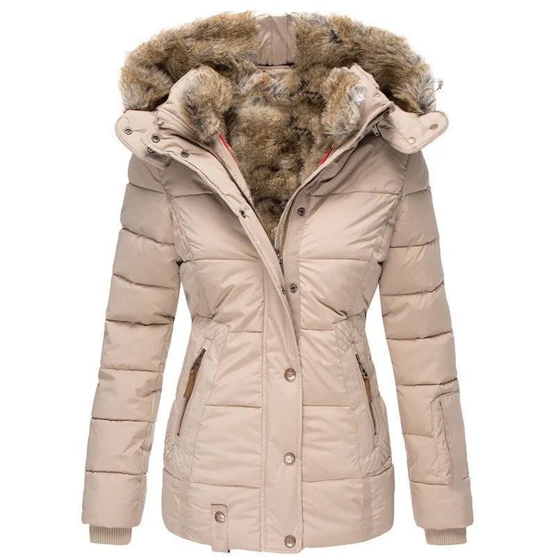 Women's fitted puffer parka jacket with zip pockets, side view