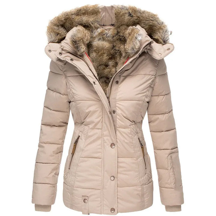 Women's fitted puffer parka jacket with zip pockets, side view