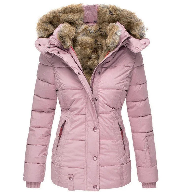 Women's winter puffer jacket with faux fur hood and snap placket