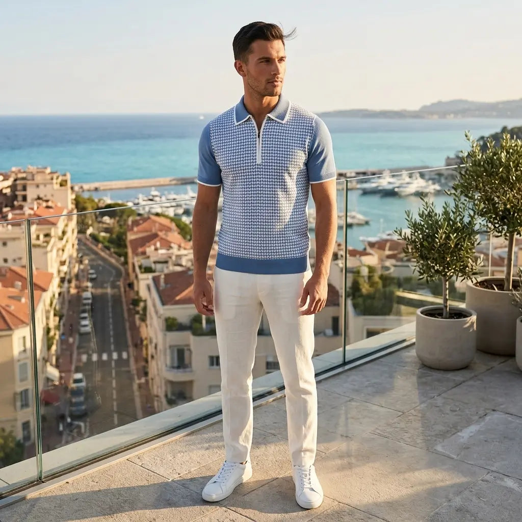 Men's blue diamond knit polo shirt, side angle on model