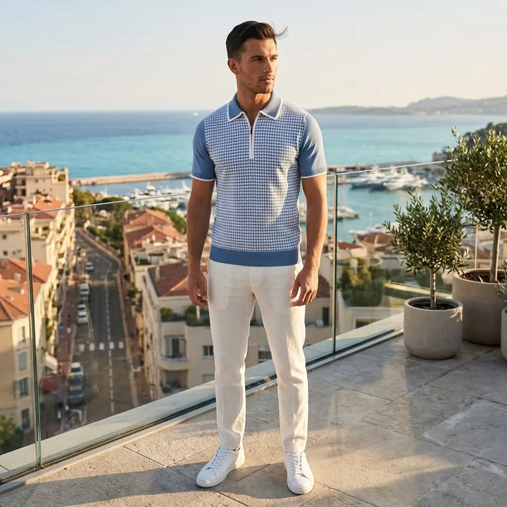 Men's blue diamond knit polo shirt, side angle on model