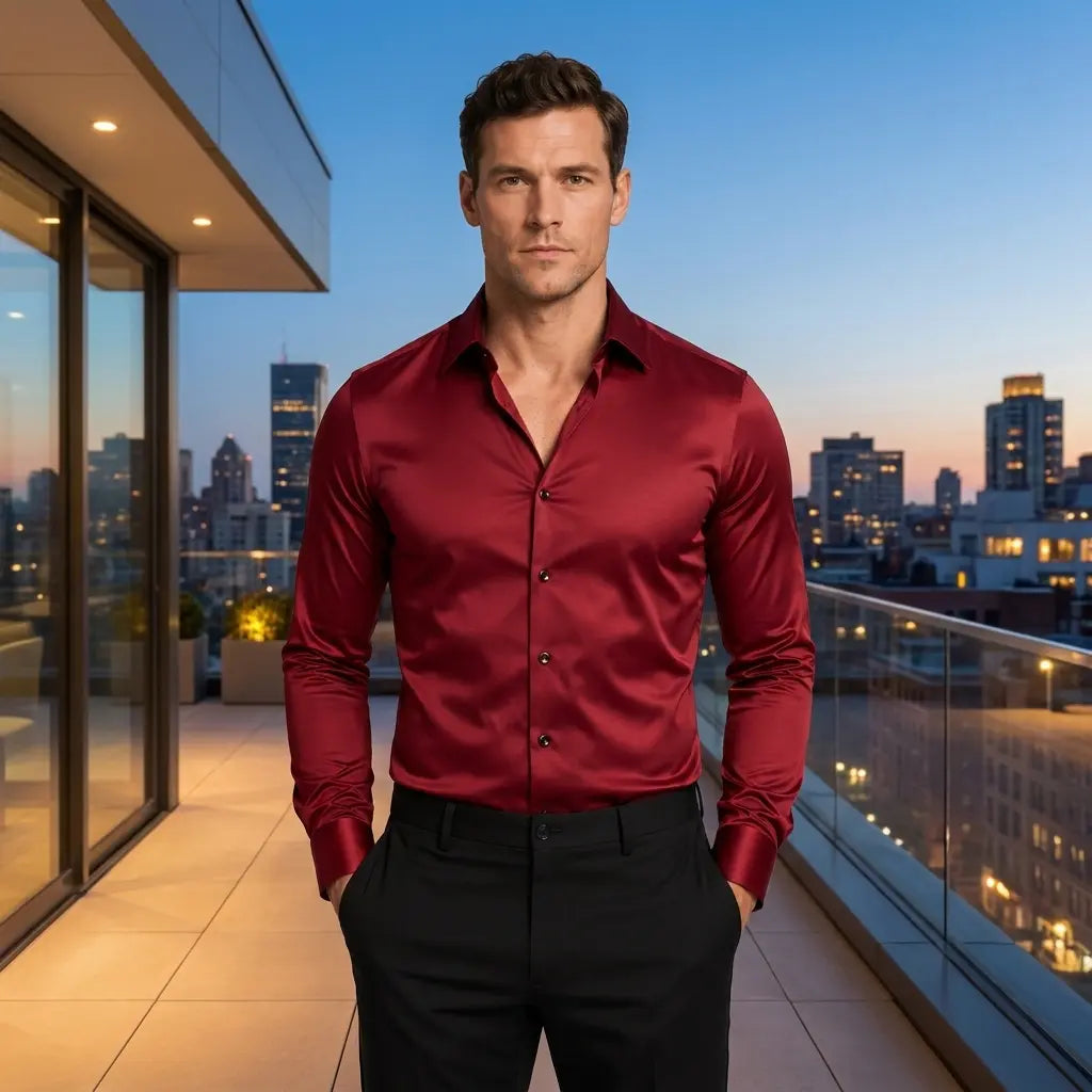 Men's slim fit dark red dress shirt, satin sheen, spread collar, front view