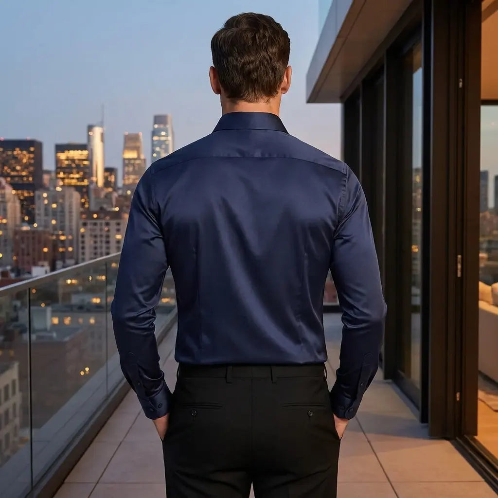 Men's slim fit navy dress shirt, satin-like back drape, back view