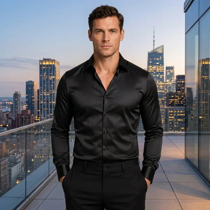 Men's slim fit black dress shirt, high-gloss satin finish, spread collar, front view