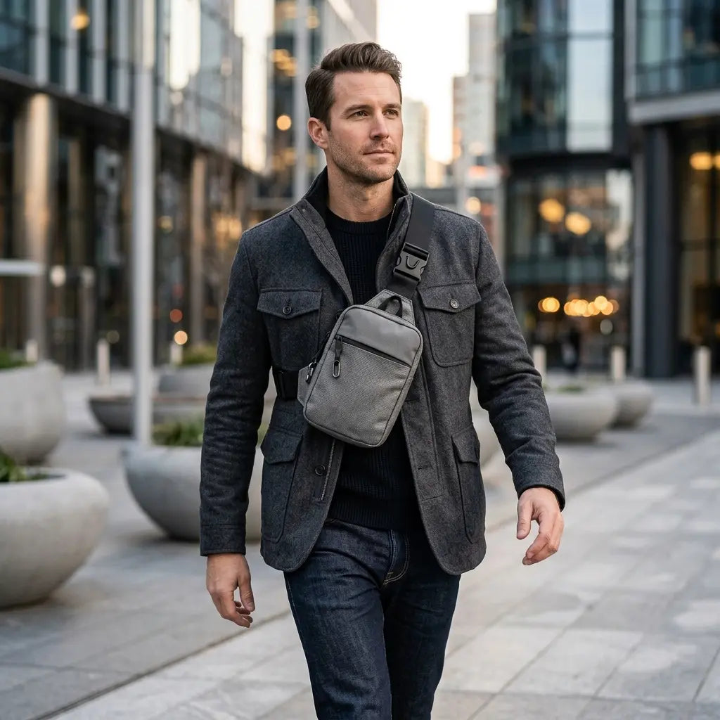 Man wearing a gray crossbody sling bag across the chest over a jacket, walking a city street, front view