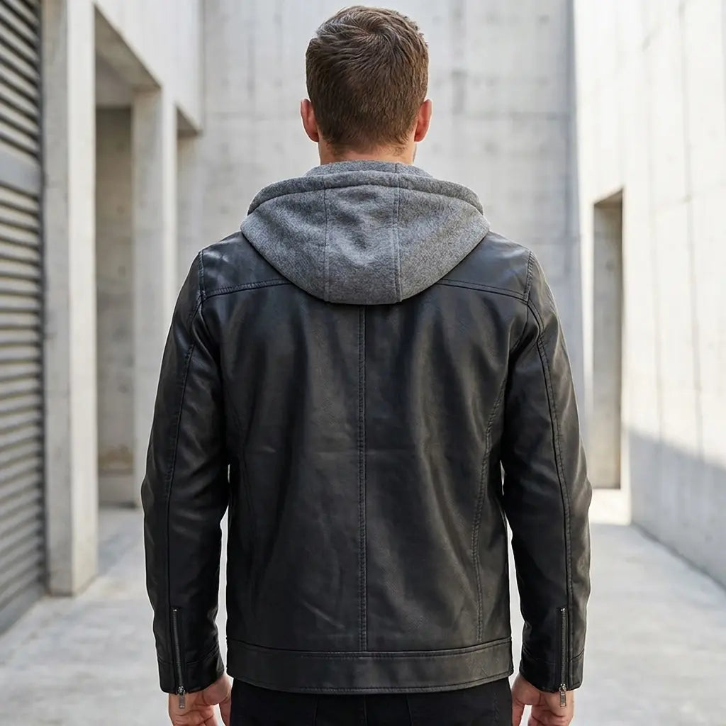 Men's black leather jacket with hood — back view