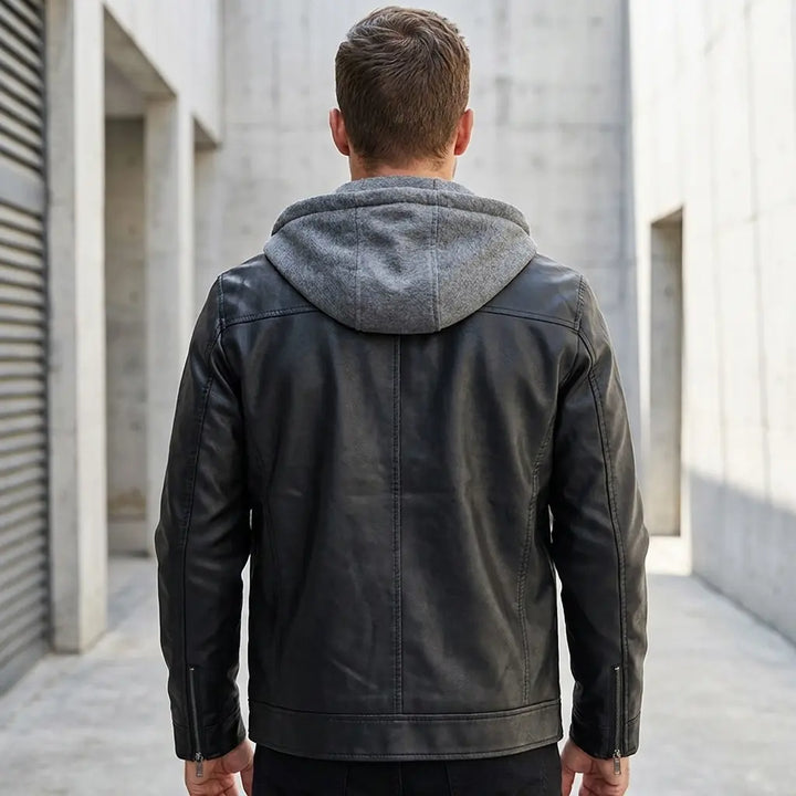 Men's black leather jacket with hood — back view