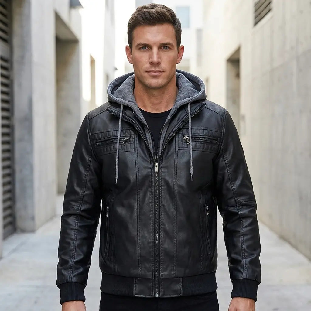 Men's black leather jacket with hood — front view
