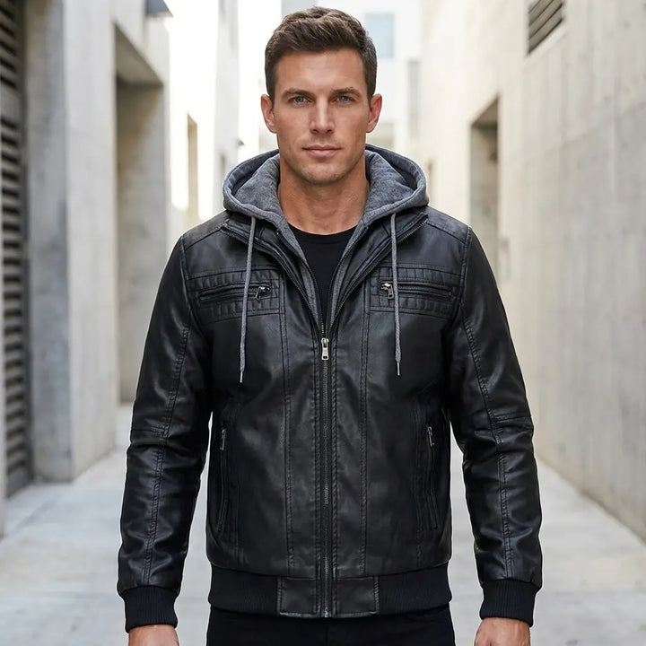 Men's black leather jacket with hood — front view