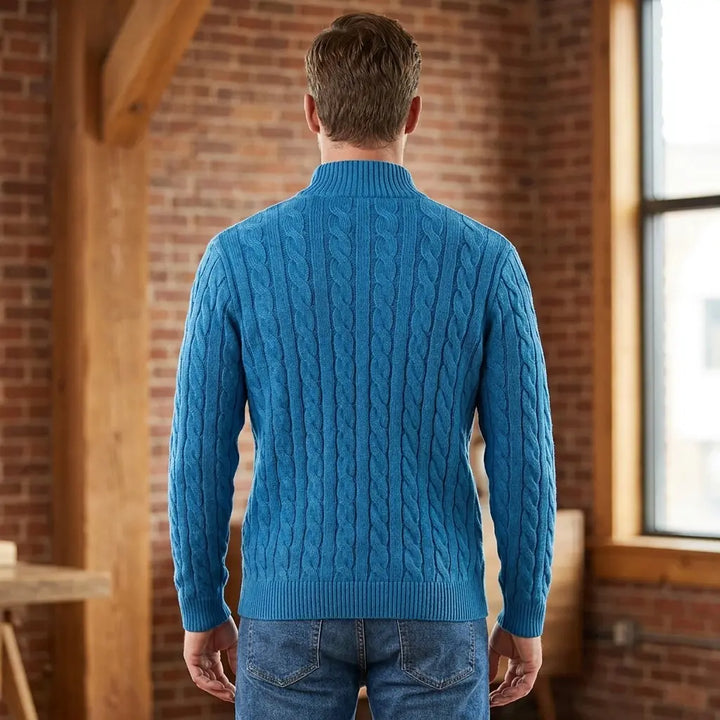 Men's teal cable knit sweater, back view showing cable knit pattern