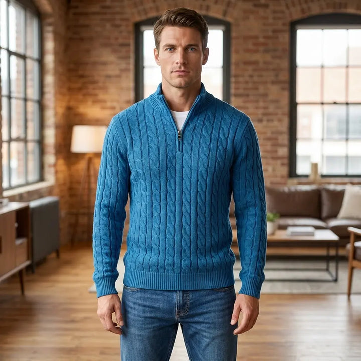Men's teal cable knit half-zip sweater, front view