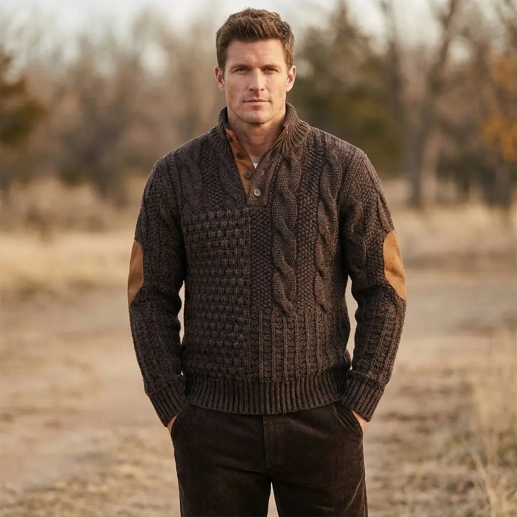 Men's cable knit sweater in brown showing textured cable pattern and elbow patch detail, front model view