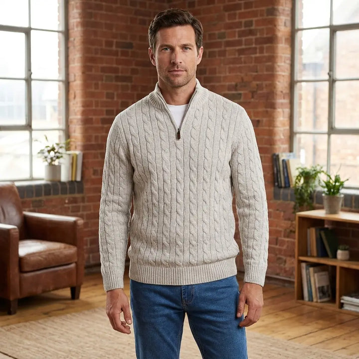 Men's light gray cable knit half-zip sweater, front view