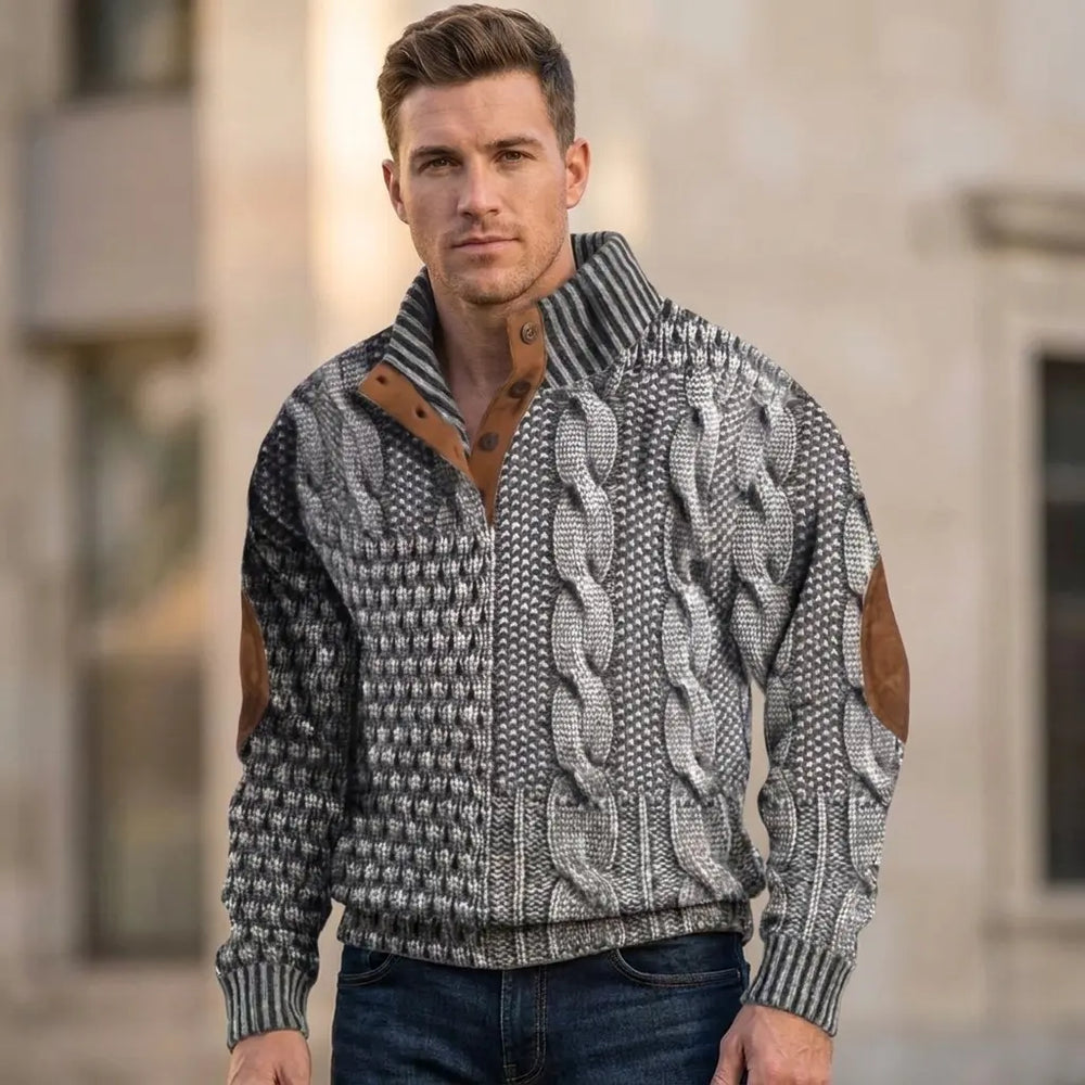 Men's cable knit sweater in light gray with stand collar and half-button placket, front model view