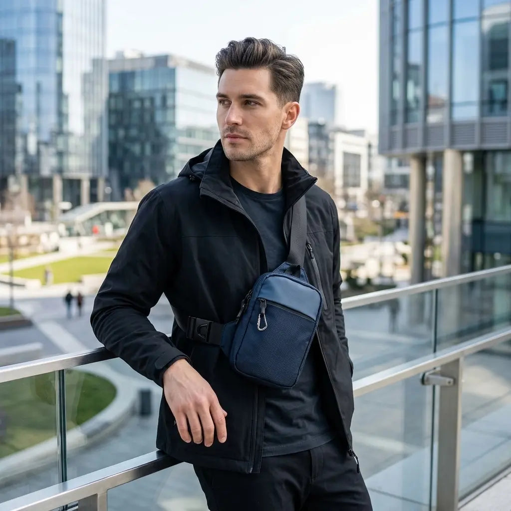 Man wearing a navy blue crossbody sling bag over a black jacket, leaning on a railing, front view