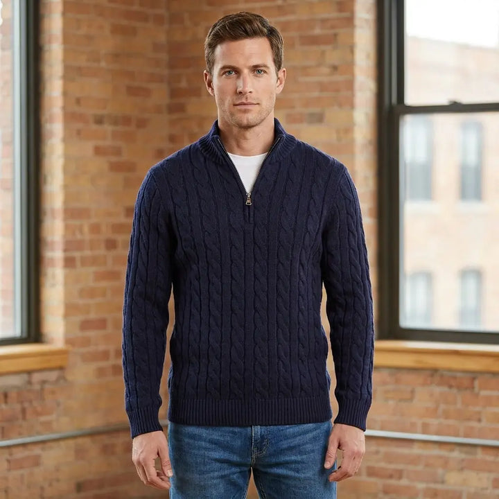Men's navy cable knit half-zip sweater with stand collar, front view