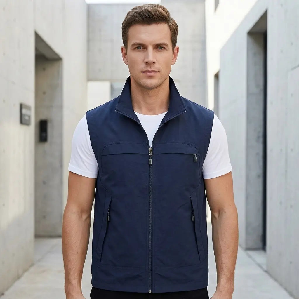Men's utility gilet in navy with multi-pocket design and zip front, front view