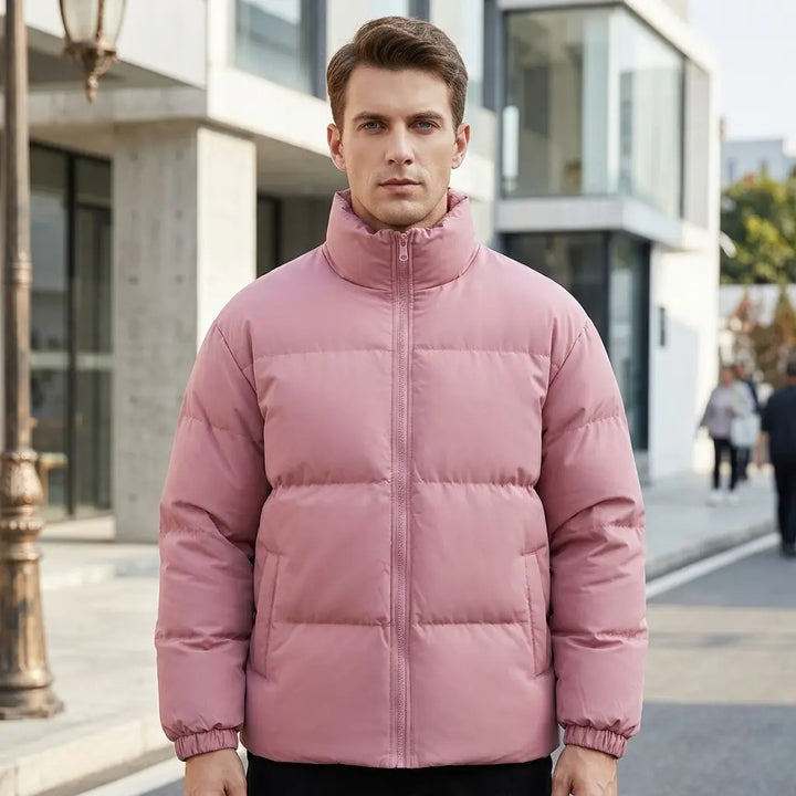 Men's quilted puffer jacket in dusty pink, stand collar and zip, front view