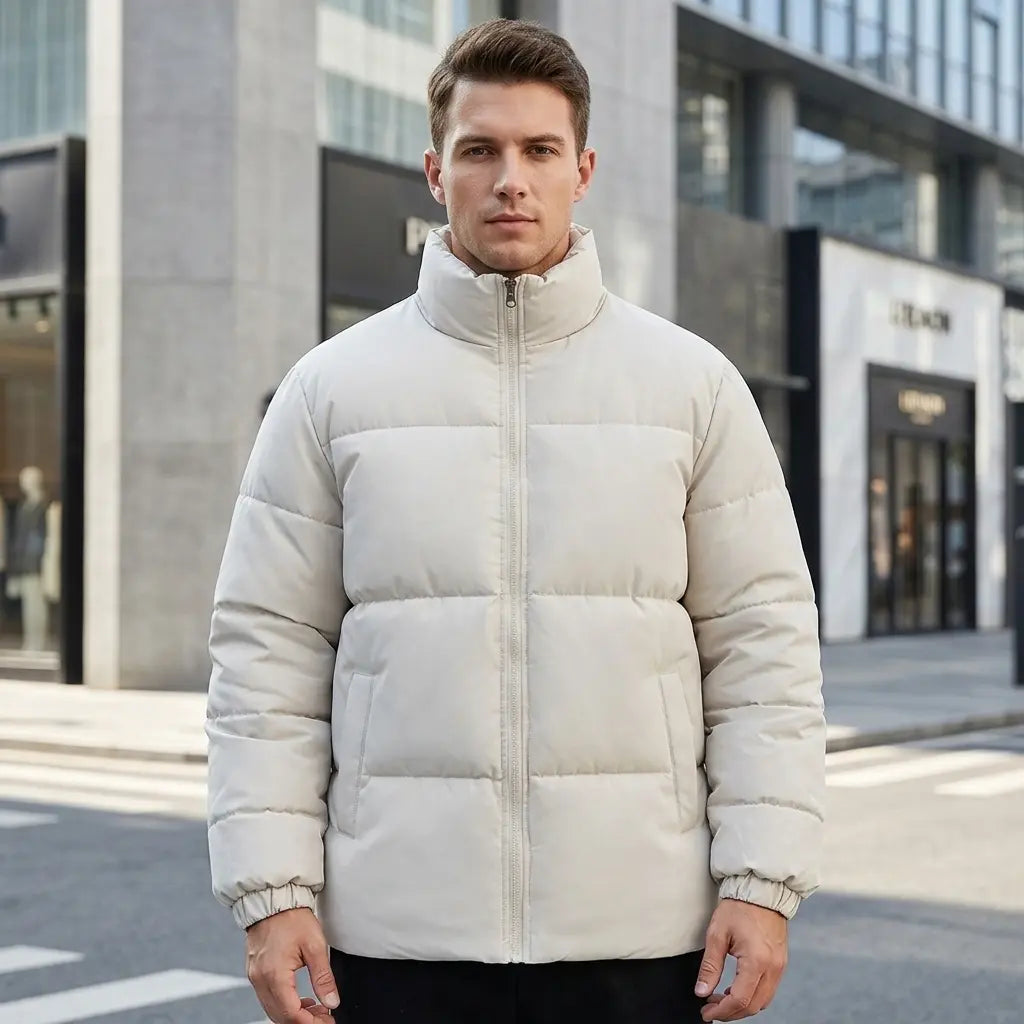 Men's quilted puffer jacket in light khaki, stand collar and zip, front view
