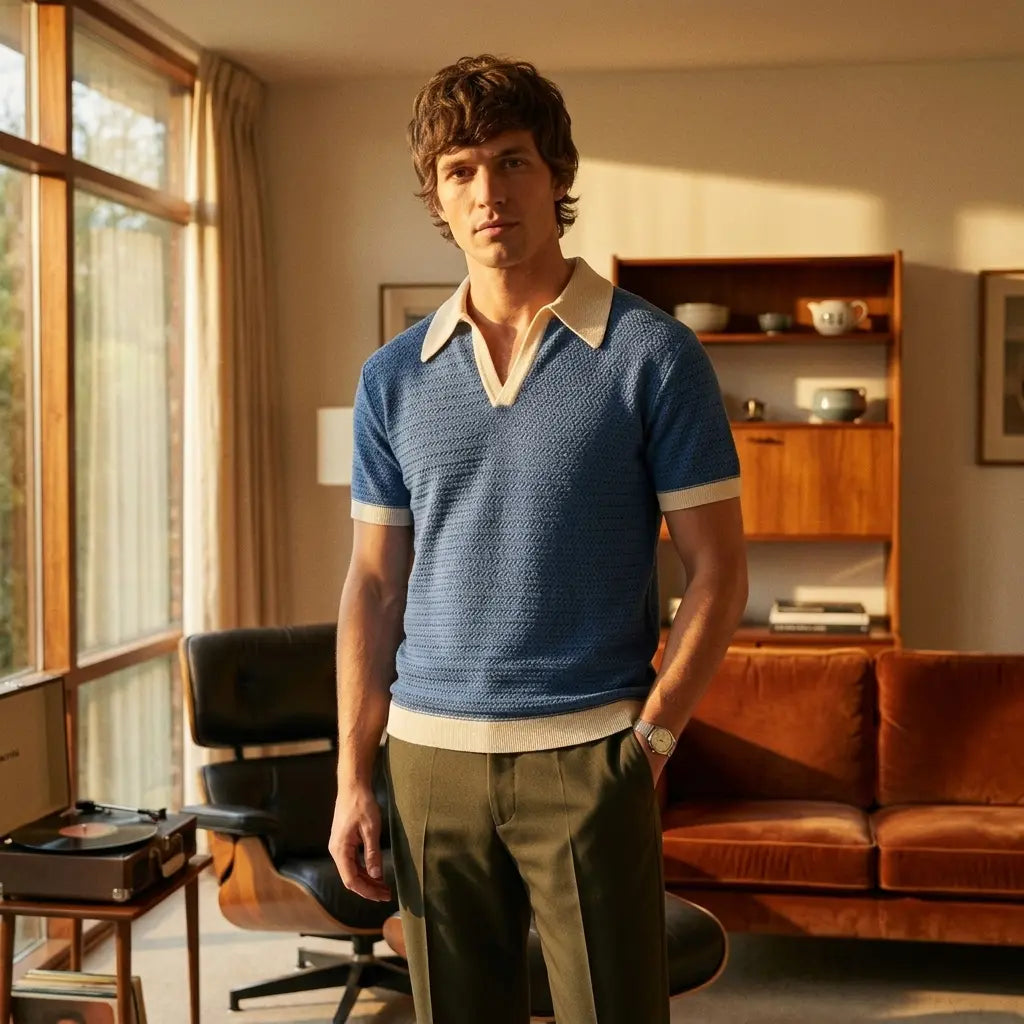 Men's retro knit polo shirt with wide collar, short sleeves, navy blue, side-angle view