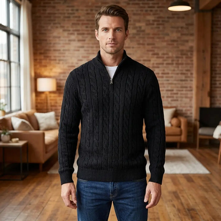Men's black cable knit half-zip sweater with stand collar, front view