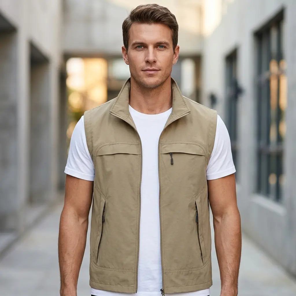 Men's lightweight gilet in green, side view showing pocket detail