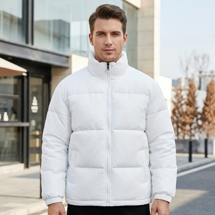 Men's quilted puffer jacket in white, stand collar and zip, front view